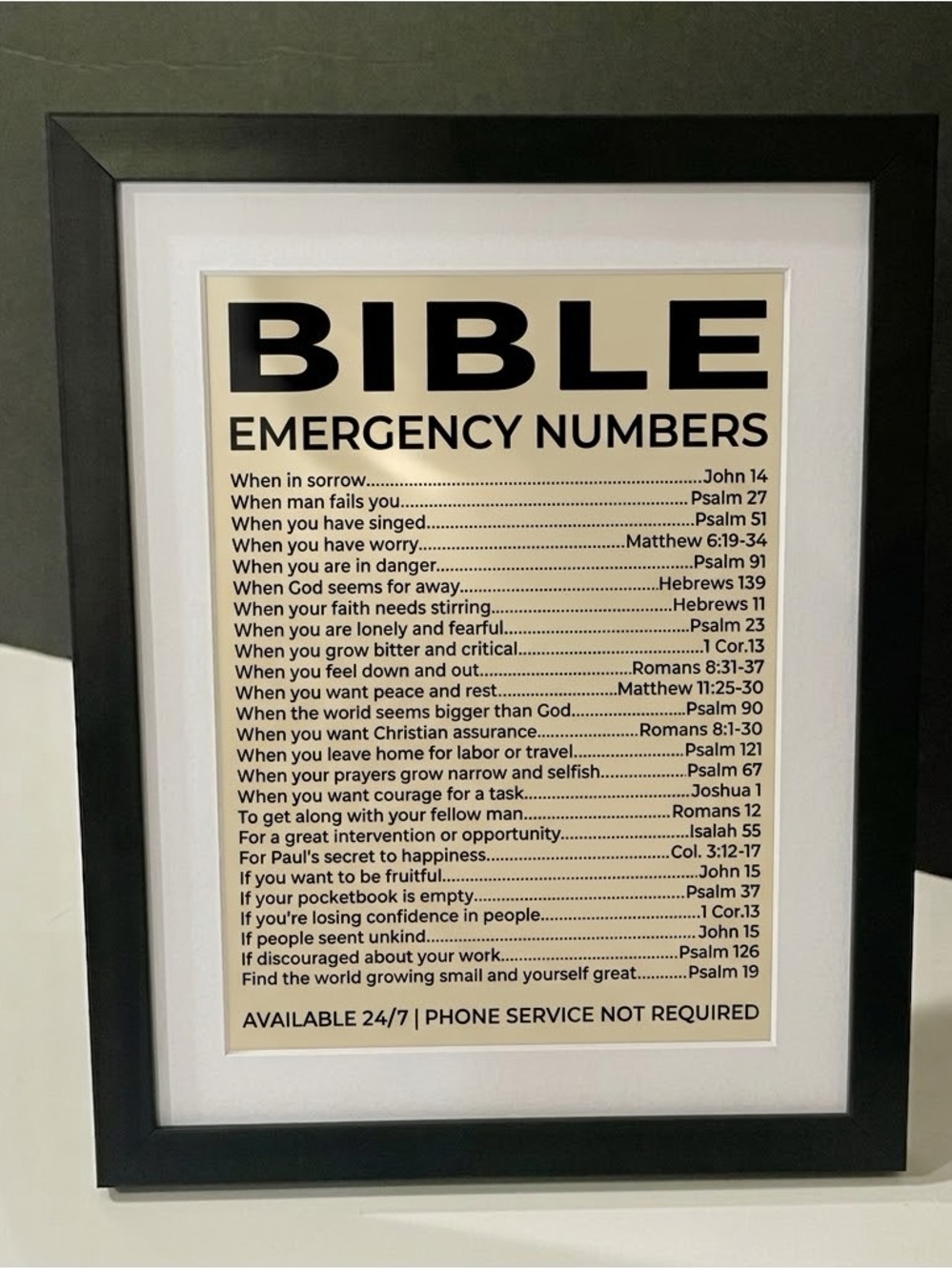 Bible Emergency Numbers Framed Wall Art - Black & Cream